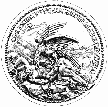 An eagle pecking at the heart of a bearded man, chained to a rock, with the inscription: "Cor ex est numquam ex cordis regina volantum".